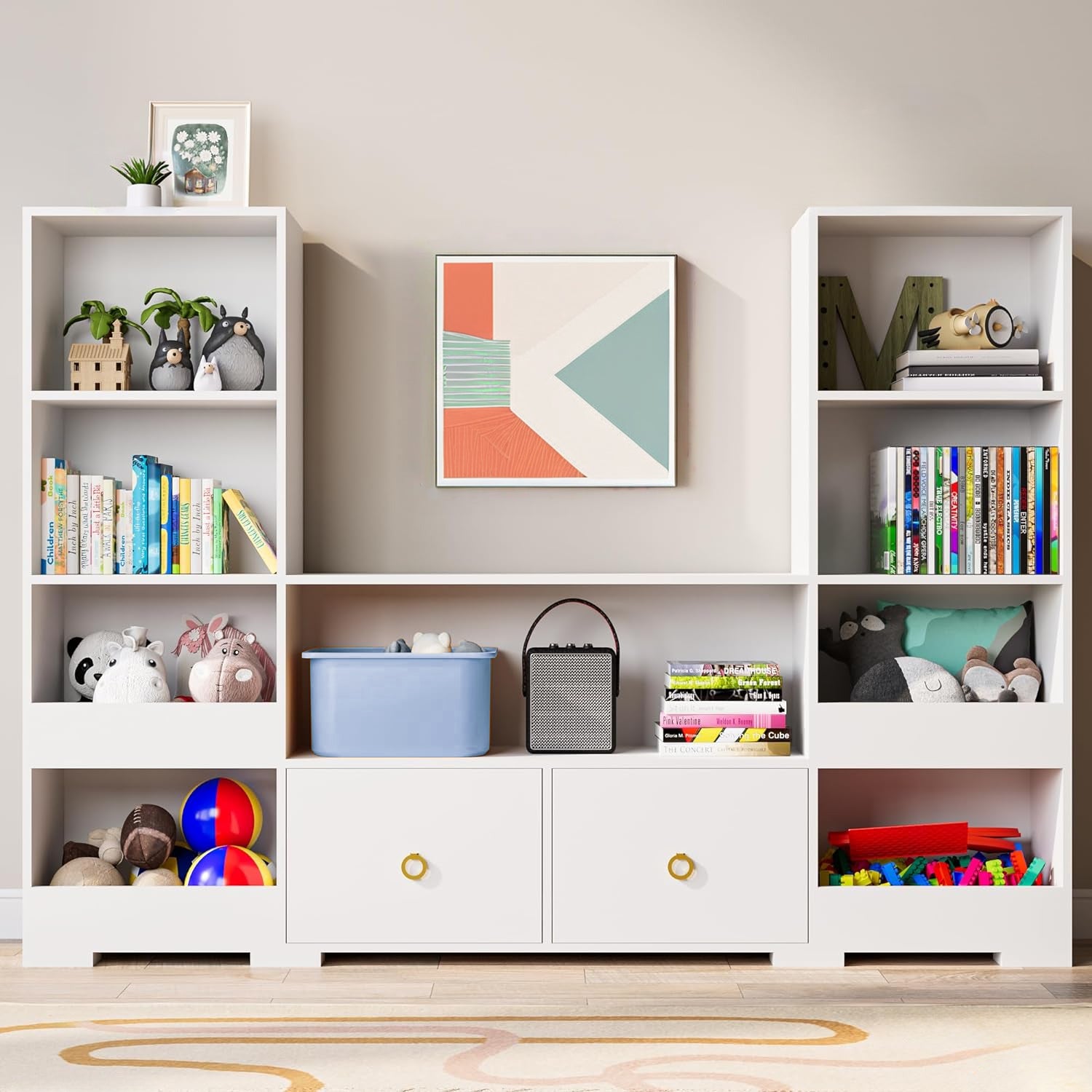 Combination Bookshelf U-Shaped Storage Shelf with 9 Cubes and 2 Drawers