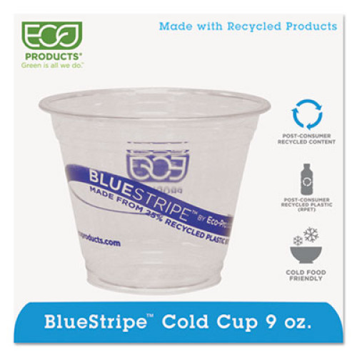 Eco-Products BlueStripe 25% Recycled Content Cold Cups， 9 oz， Clear/Blue， 50/Pack， 20 Packs/Carton (EPCR9)