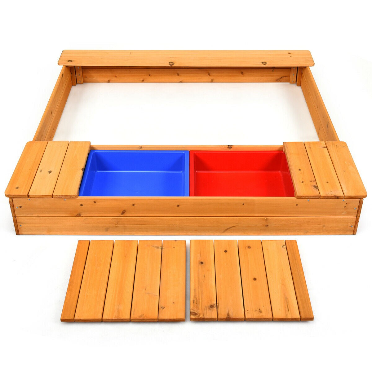 Kids Wooden Sandbox with Bench Seats & Storage Boxes