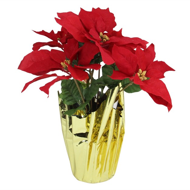 Red Artificial Christmas Poinsettia Arrangement With Gold Wrapped Pot