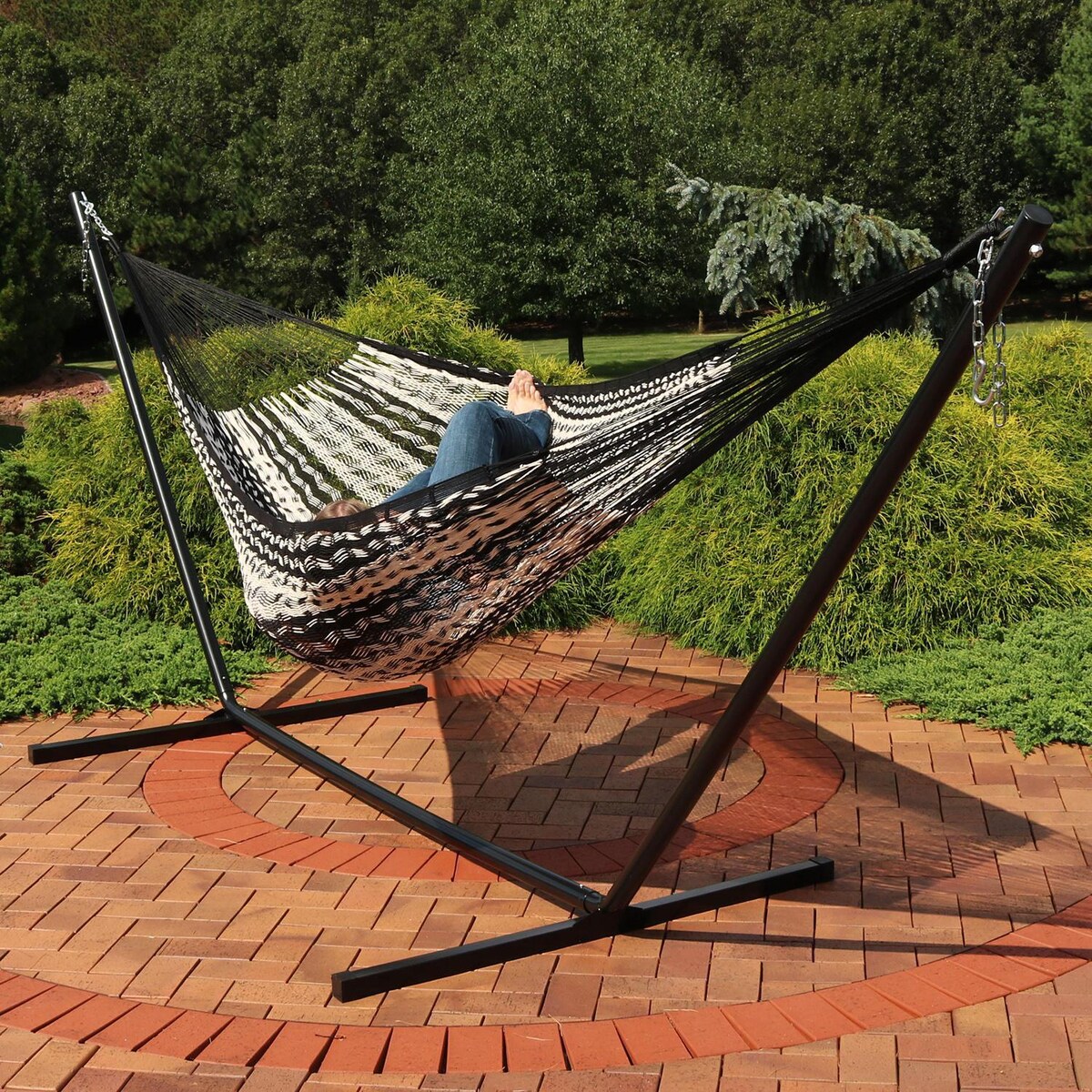 Ultimate Patio XXL Thick Cord Handwoven Family-Sized Mayan Hammock w/ 15-Foot Black Stand