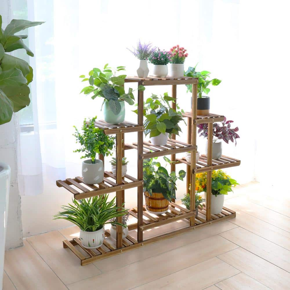 AESOME 9-Tier Plant Stand 38 in. Wood Flower Pot Display Shelf Rack Holder for Patio Garden Lawn Corner Living Room Decor HJ369