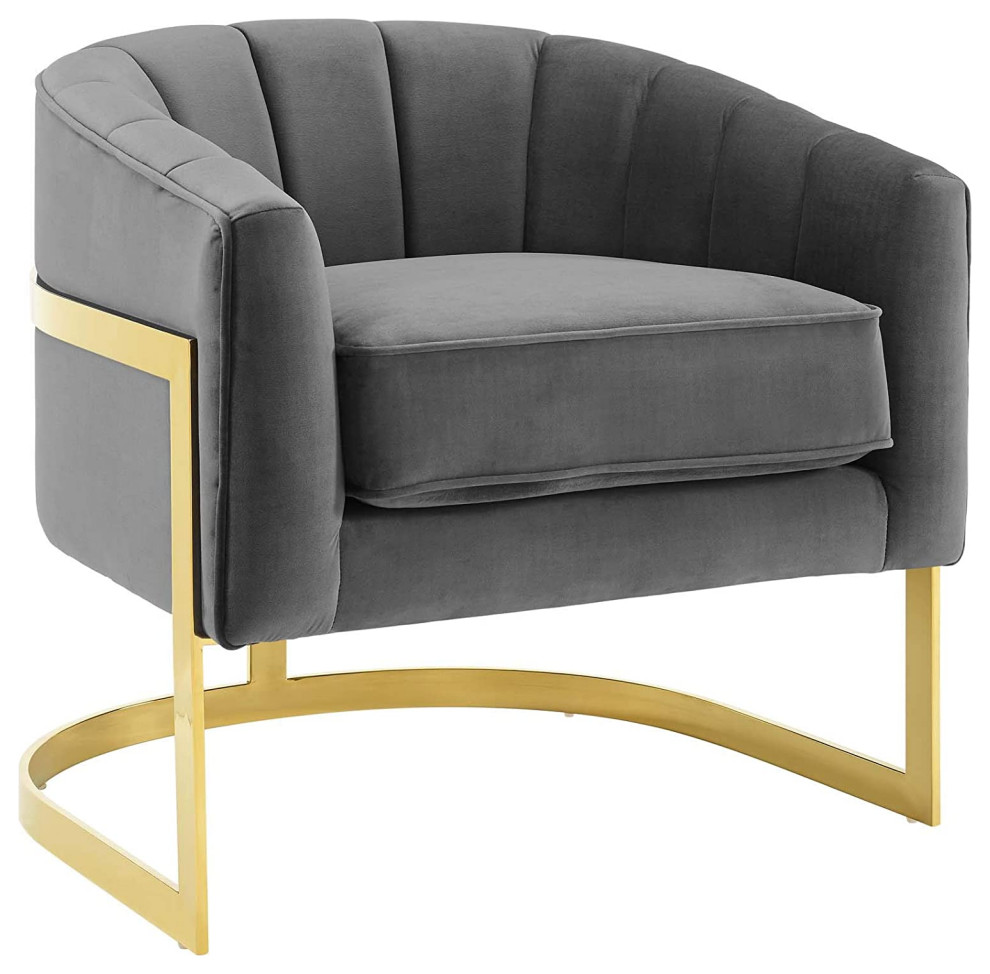 Retro Modern Accent Chair  Golden Stainless Steel Base With Gray Velvet Seat   Transitional   Armchairs And Accent Chairs   by Decor Love  Houzz