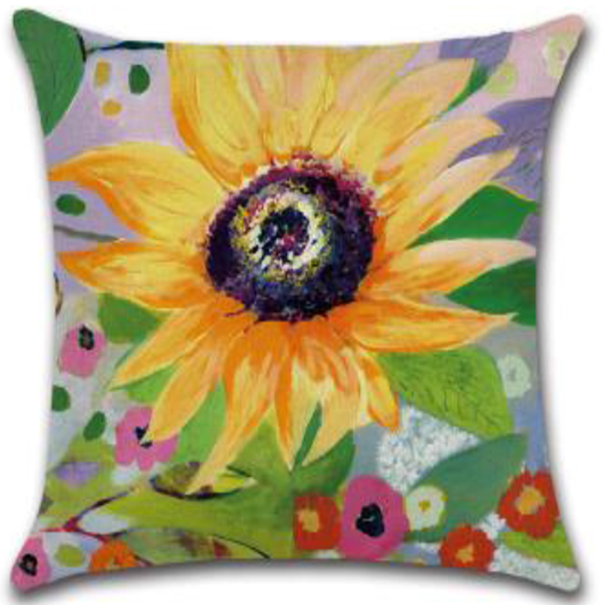 Set of 4 Pillow Covers 18x18, Sunflowers and Wildflowers Pattern Style, Cotton Linen Fabric Decorative Indoor / Outdoor Throw Pillow Case Set 45x45cm