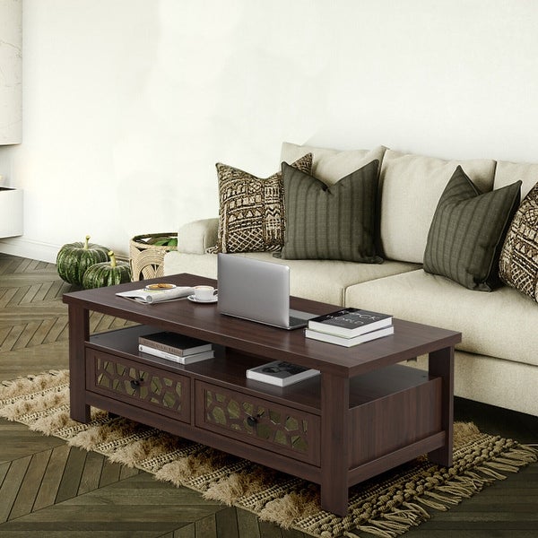 3-tier Coffee Table with 2 Drawers and 5 Support Legs-Brown - 46