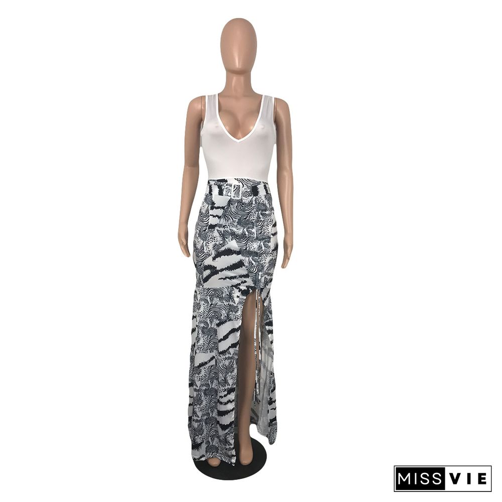 V Neck Patchwork Print Drawstring High Slit Maxi Dress