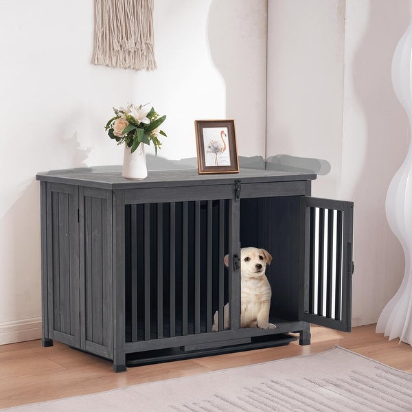 Mcombo Wooden Dog Crate Furniture End Table with Door， No Assembly Portable Foldable Dog Kennel Indoor with Removable Tray