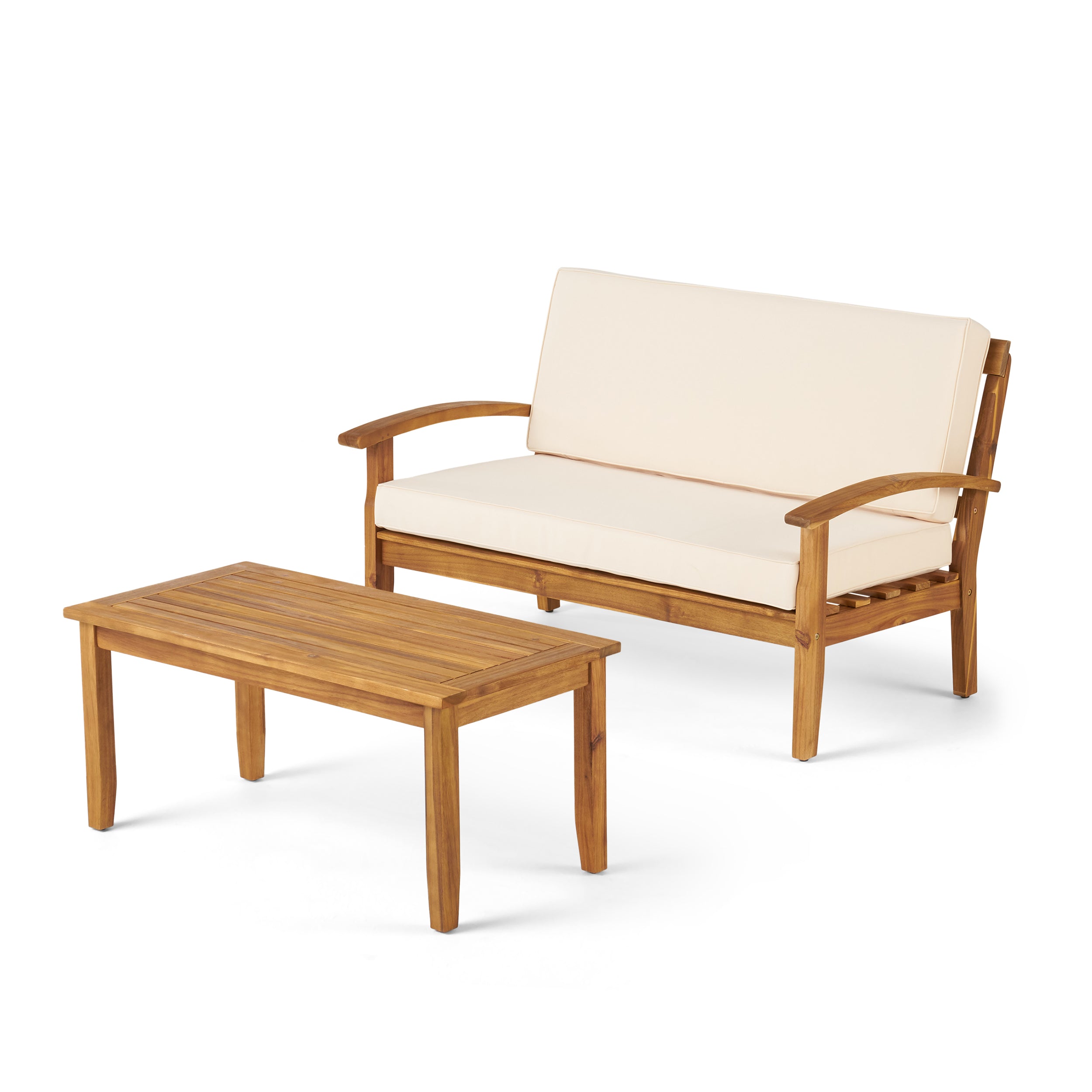 Keanu Outdoor Acacia Wood Loveseat and Coffee Table Set with Cushions