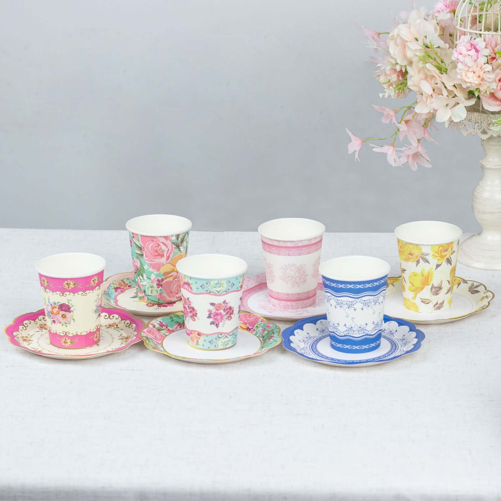 24 Pack Vintage Mixed Floral Paper Cup And Saucer Set, Disposable Tea Party Supplies Kit