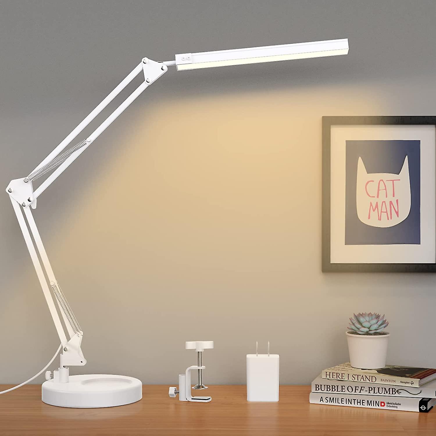 Led Desk Lamp With Clamp And Round Base，eye Caring Table Lamp With Swing Arm，3 Color Modes 10 Brightness Levels，memory Function Bedside Lamp，white Des