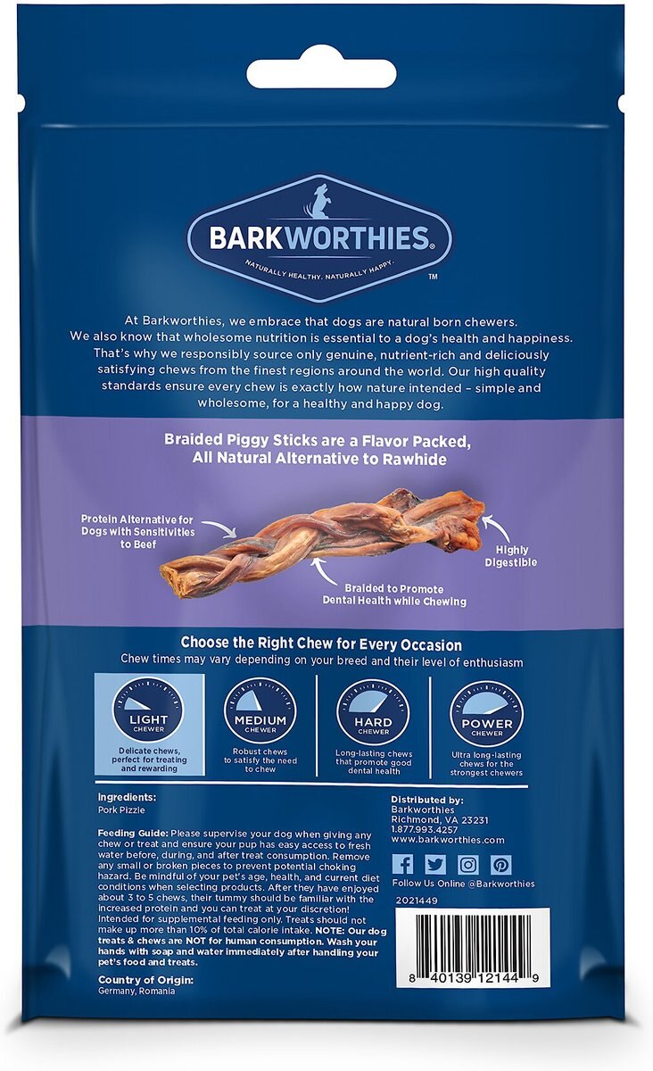 Barkworthies Braided Piggy Sticks Small Dog Grain-Free Dog Treats， 3 count