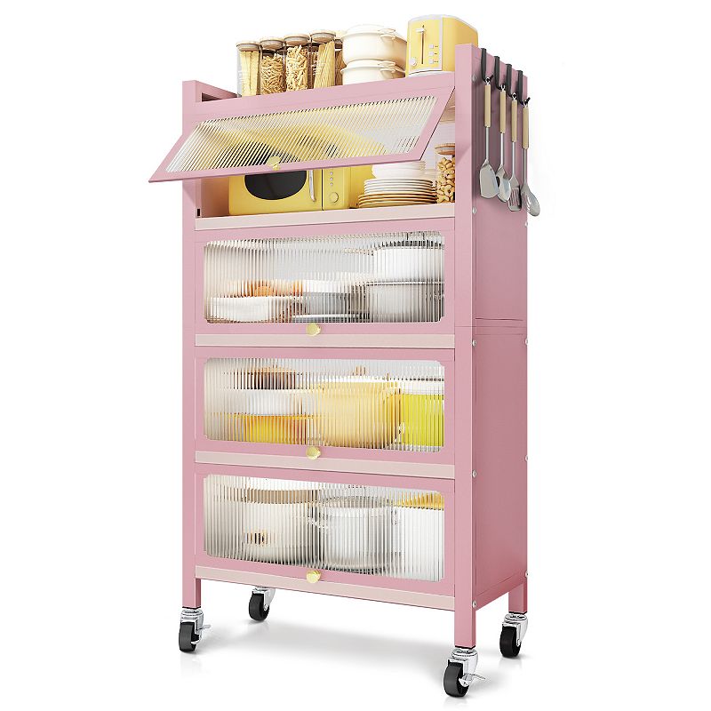 56.2 Tall Kitchen Storage Cabinet， 5 Tier Pantry Cabinet， 4 Door Accent Cabinet， Pink