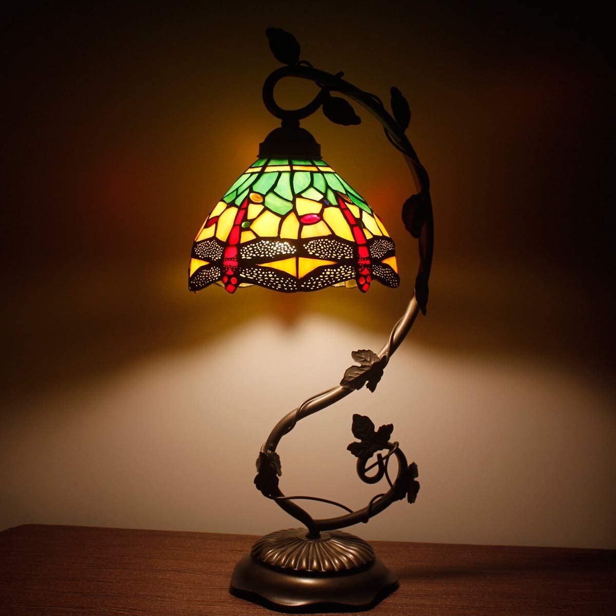 SHADY Tiffany Lamp Green Yellow Stained Glass Dragonfly Style Table Lamp Metal Leaf Base 8X10X21 Inches Desk Light Decor Small Space Bedroom Home Office S009G Series