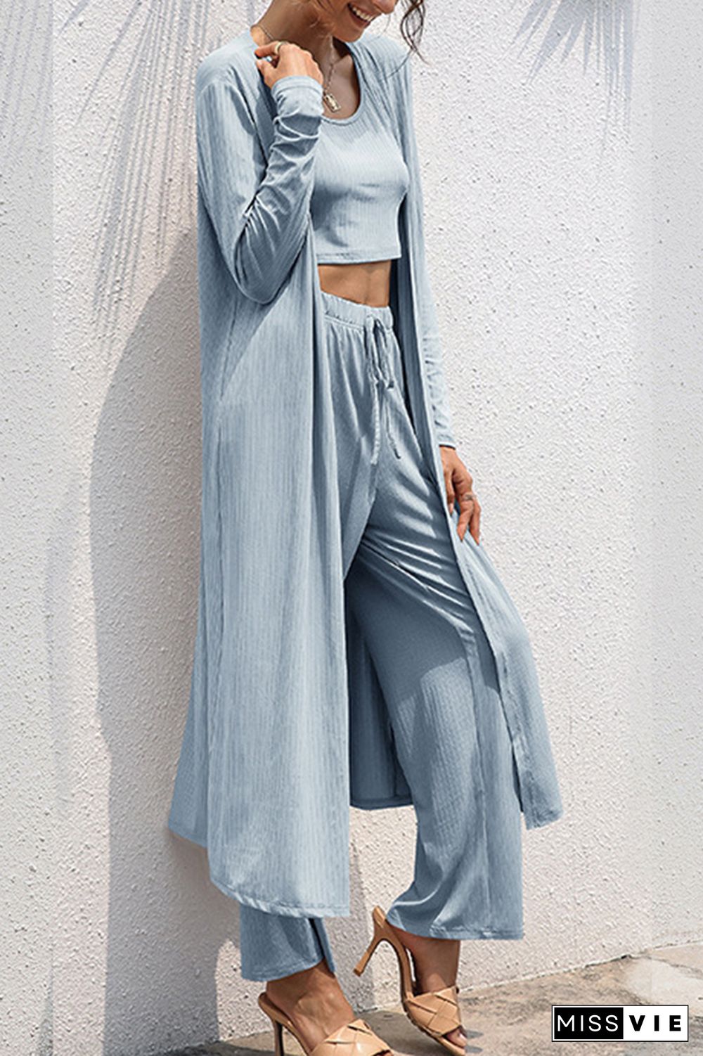 Crop Tank Top and Wide Leg Pants with Coat 3 PCS Set Wholesale