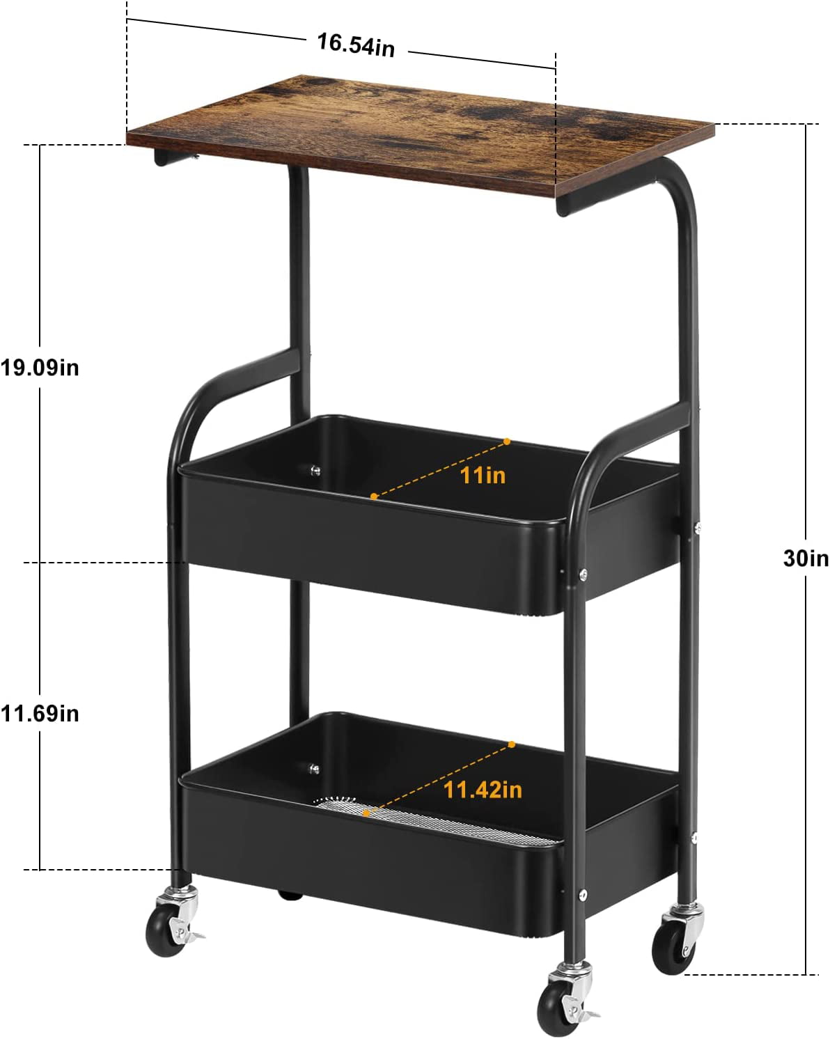 3-Tier Kitchen Rolling Storage Cart with Wheels， Wooden Tabletop， Black