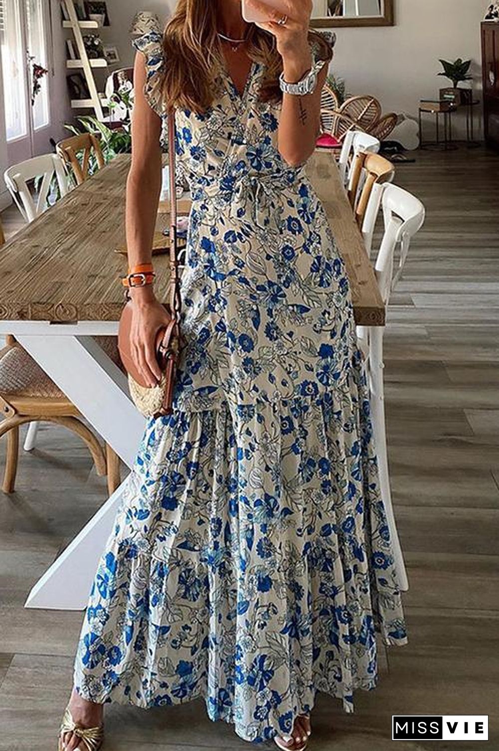 Floral Print Ruffles Maxi Wrap Dress