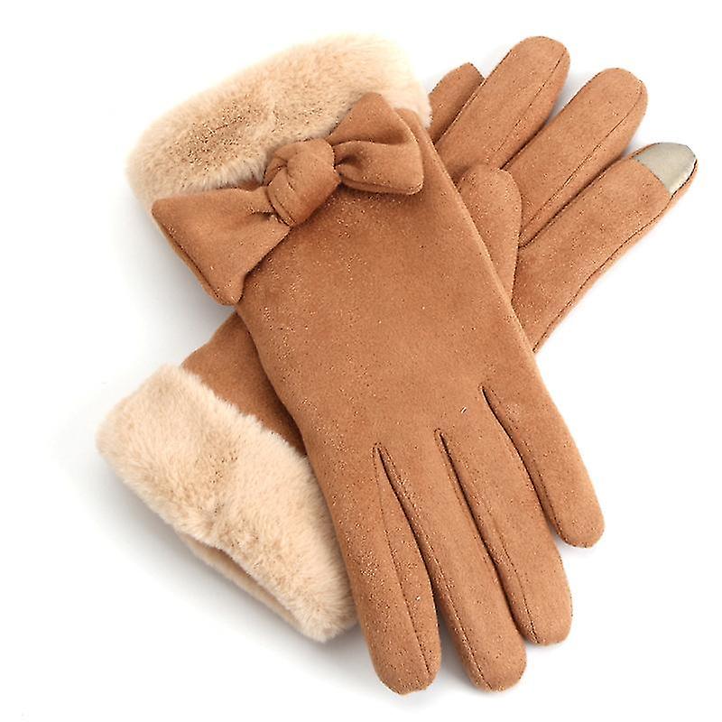 Women's Touchscreen Winter Gloves Bowknot Thermal Fleece Lined Outdoor Driving Gloves2setblack + Brown