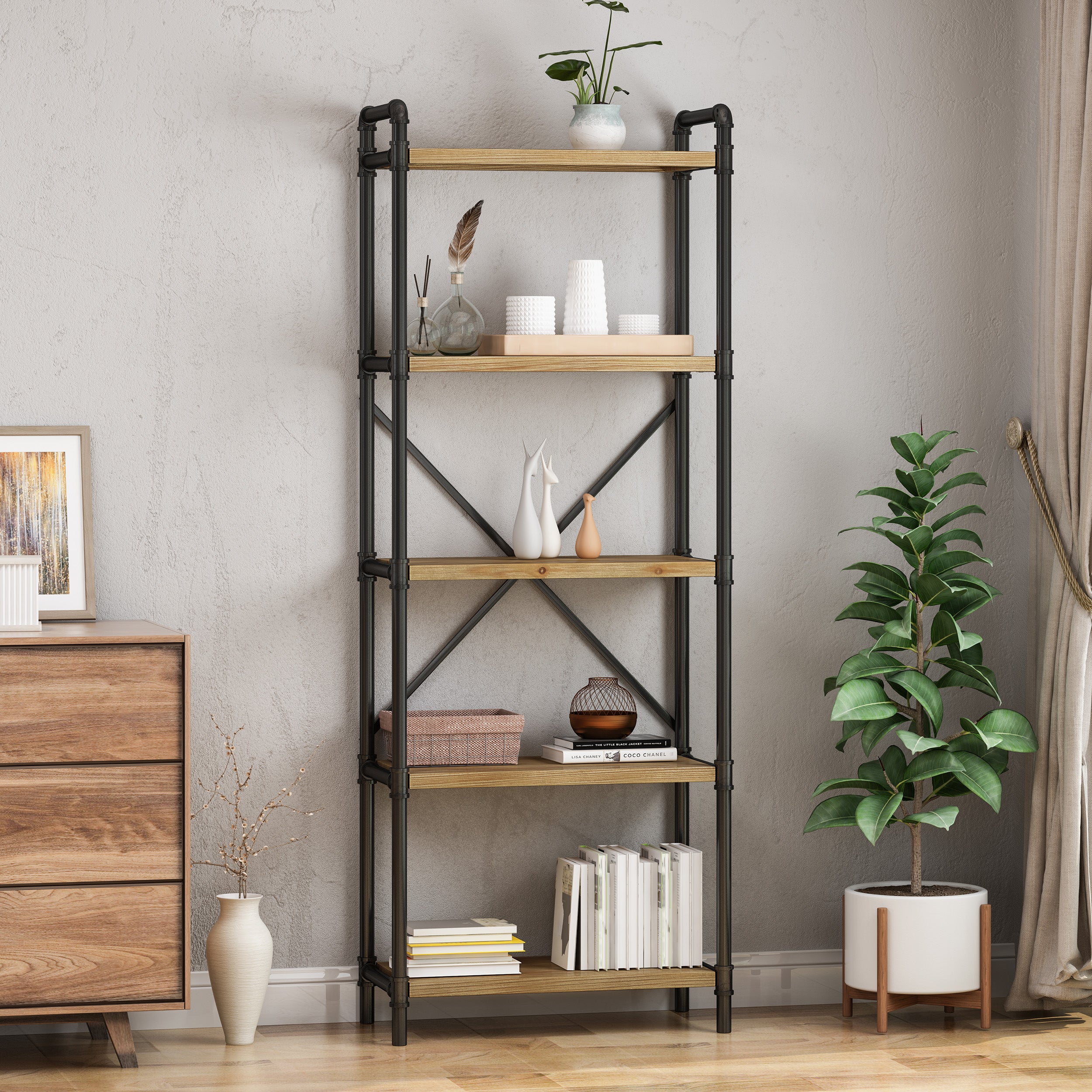 Lina Industrial Pipe Design 5-Shelf Etagere Bookcase