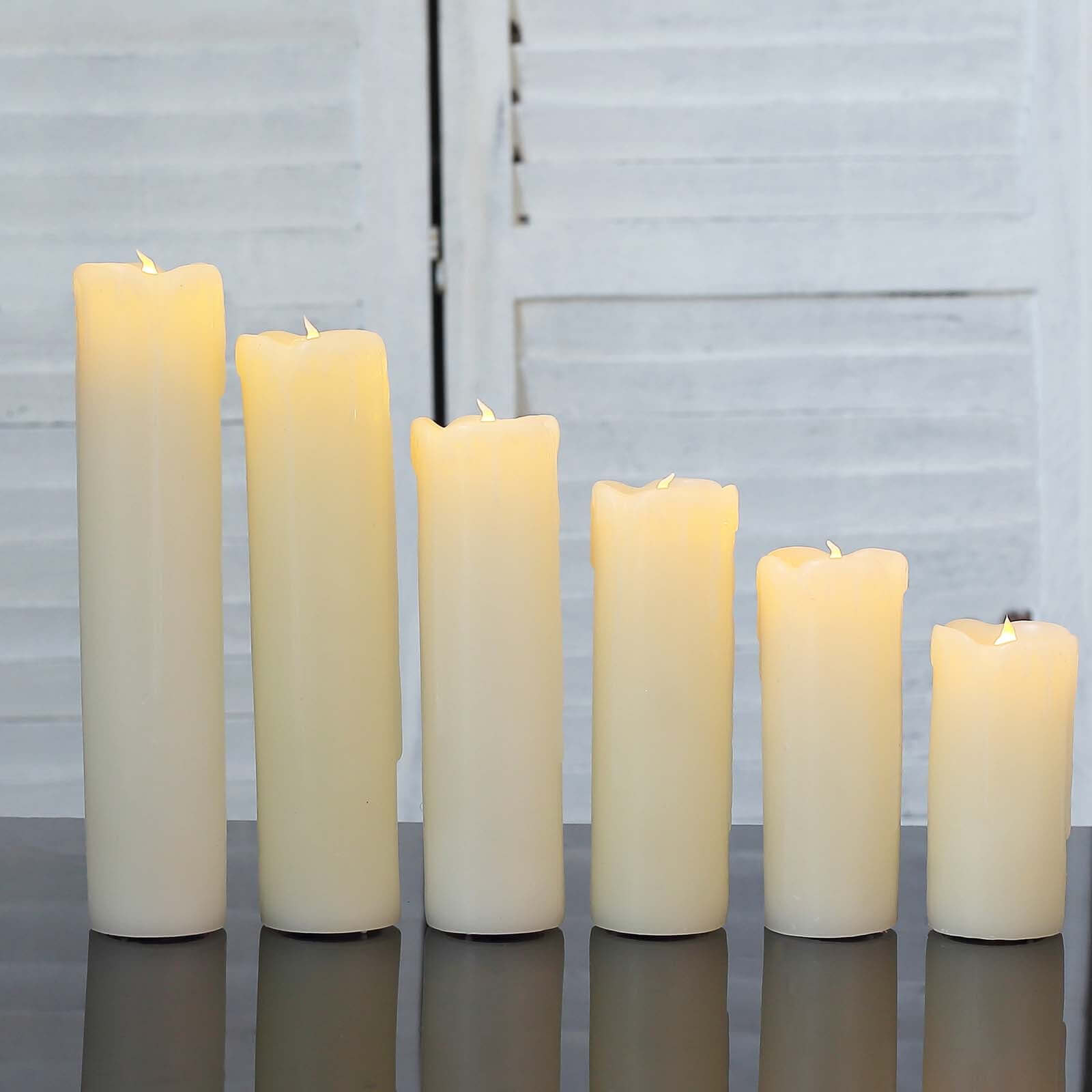 Set of 6 Warm White Flameless Flicker LED Drip Wax Pillar Candles, Battery Operated Luminaria Holiday Candles