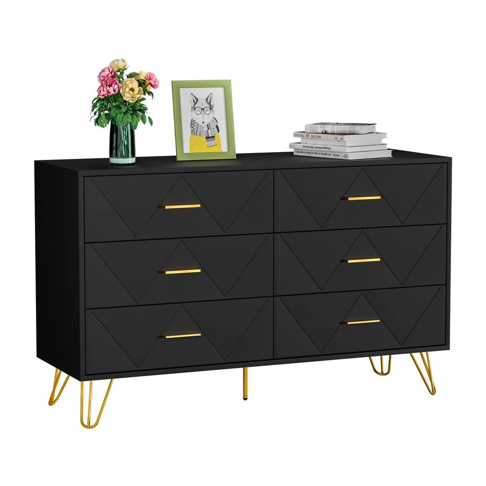 Black Dresser for Bedroom  Modern Dresser for Bedroom  6 Drawer Double Dresser with Drawers and Metal Handles  Wood Dressers