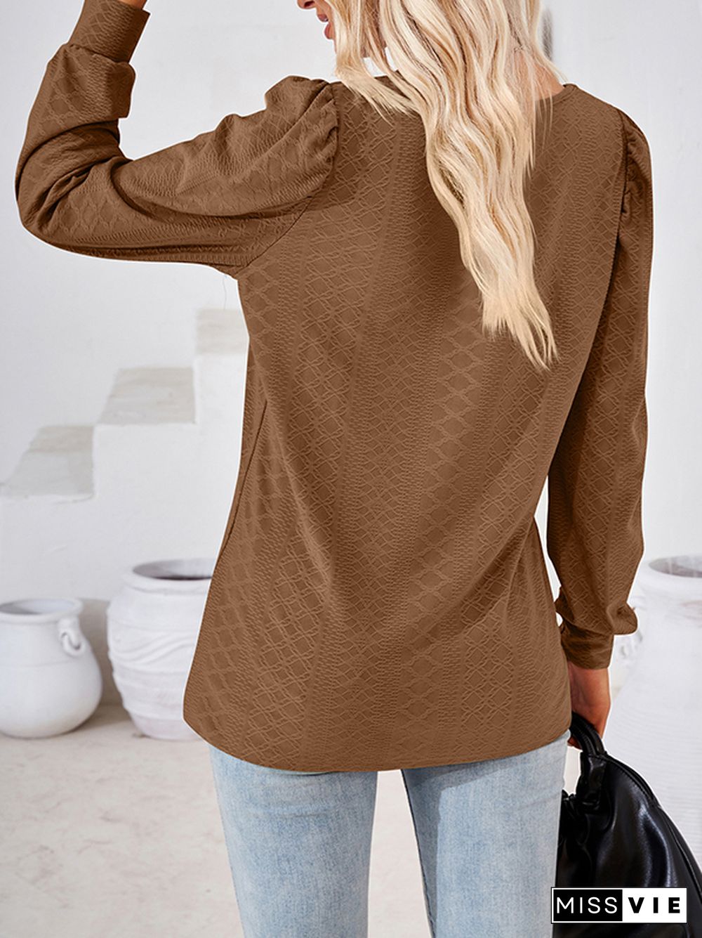 Loose Jacquard Solid Color Square-neck T-Shirts Tops