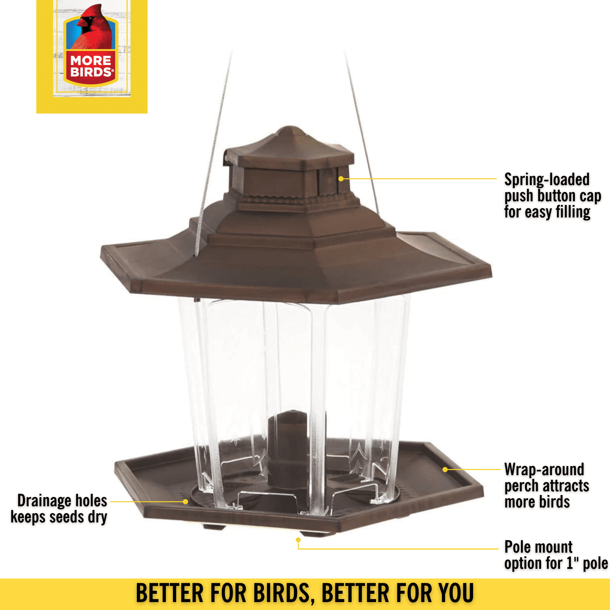 More Birds Bird Feeder， 6 Feeding Ports， 2.7 lb Bird Seed Capacity， Gazebo Wild Bird Feeder， Brown