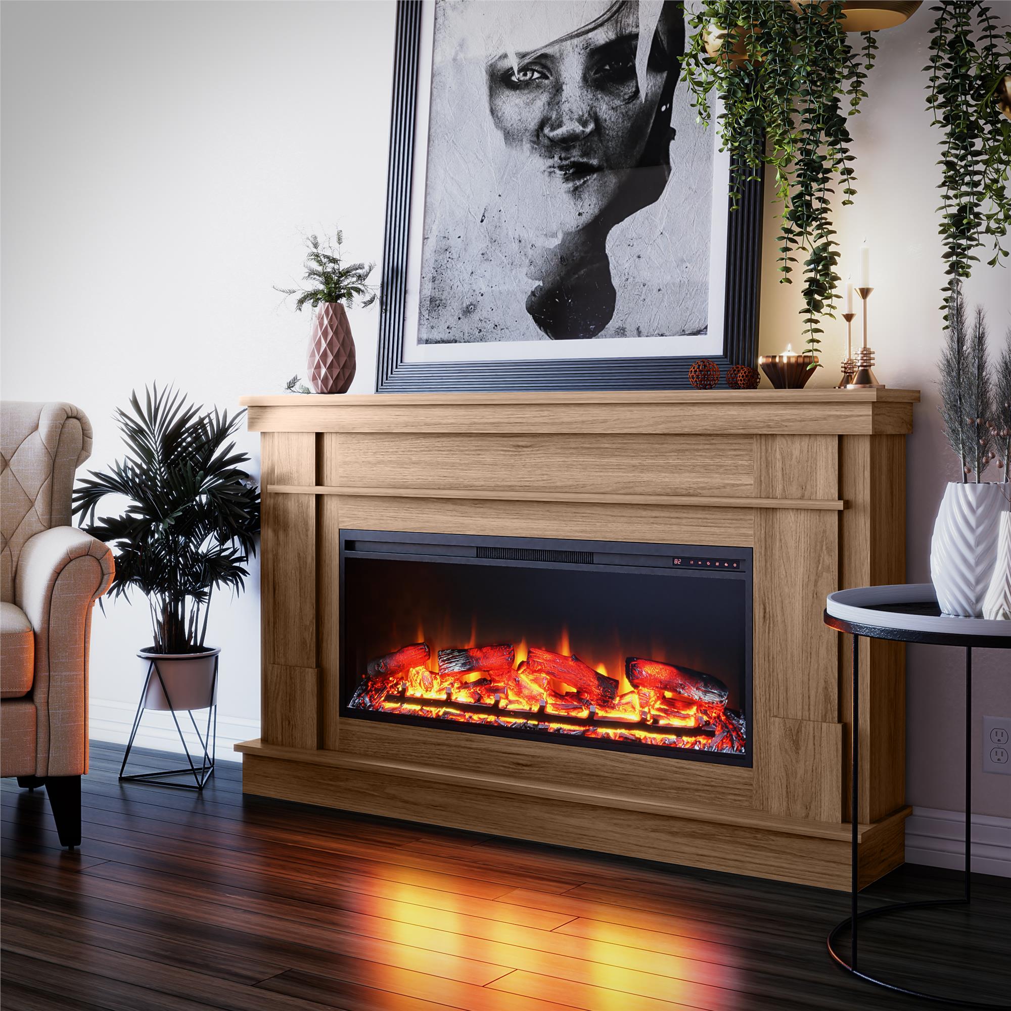 Ameriwood Home Elmdale Wide Mantel with Linear Electric Fireplace, Walnut