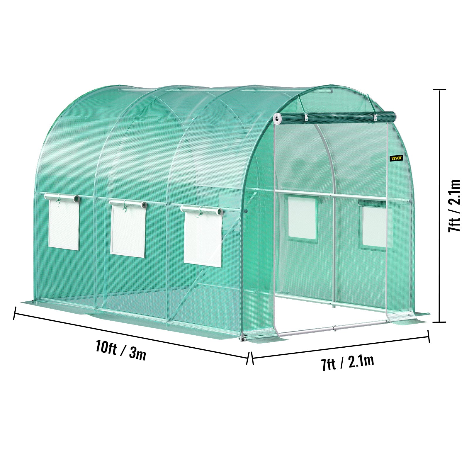 VEVORbrand Walk-in Tunnel Greenhouse, 10 x 7 x 7 ft Portable Plant Hot House w/ Galvanized Steel Hoops, 1 Top Beam, Diagonal Poles, Zippered Door & 6 Roll-up Windows, Green