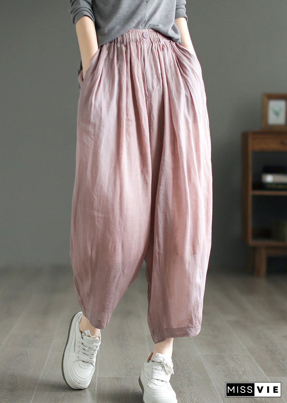 Art Pink Elastic Waist Ramie Crop Pants Summer