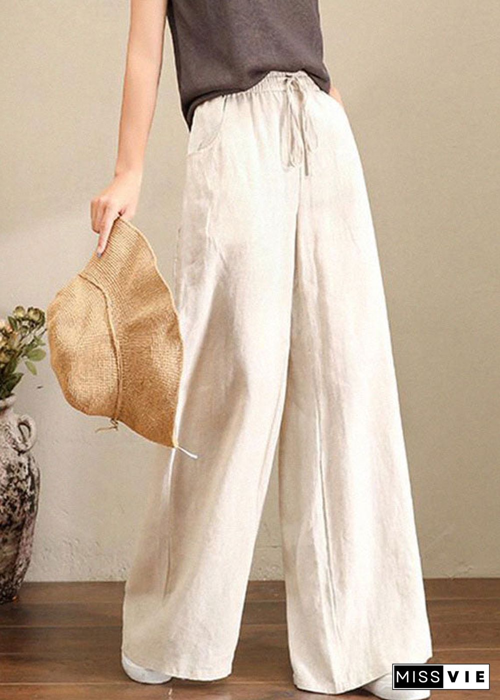 Orange Elastic Waist Linen Straight Pants Solid Color Drawstring Summer