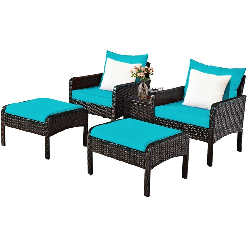 5 Pcs Rattan Patio Conversation Sets with Ottomans & Coffee Table, Wicker Outdoor Bistro Set