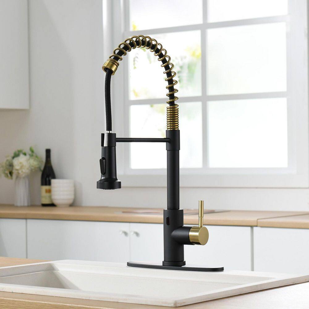 Boyel Living Single Handle Touchless Pull Down Sprayer Kitchen Faucet with Deckplate Included in Black  Brushed Gold BL-IS1306-33BG