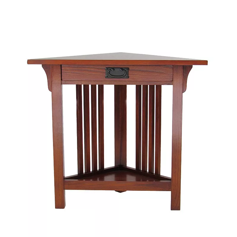 Mission Style Wooden Corner Table with 1 Drawer and Bottom Shelf， Brown