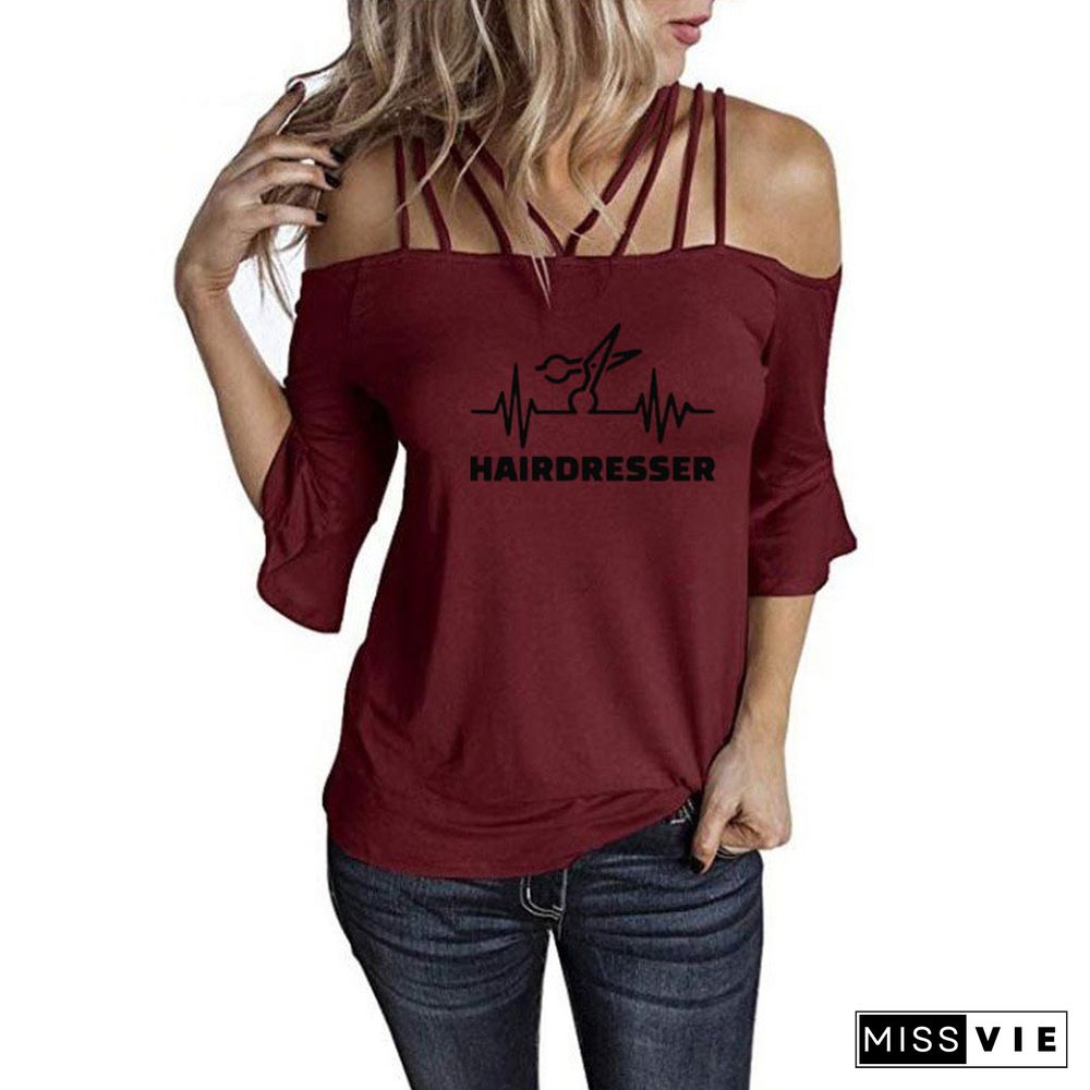 New Fashion Summer Heartbeat Hairdresser T Shirt Women Casual Cotton Short Sleeve GirlsShoulderSling Tee Tops