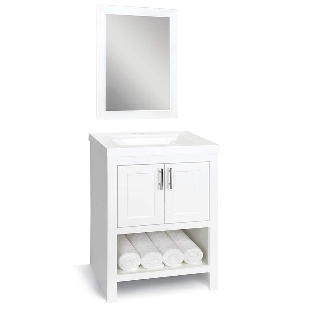 Glacier Bay Spa 245 in W x 188 in D x 355 in H Single Sink Bath Vanity in White with White Cultured Marble Top and Mirror