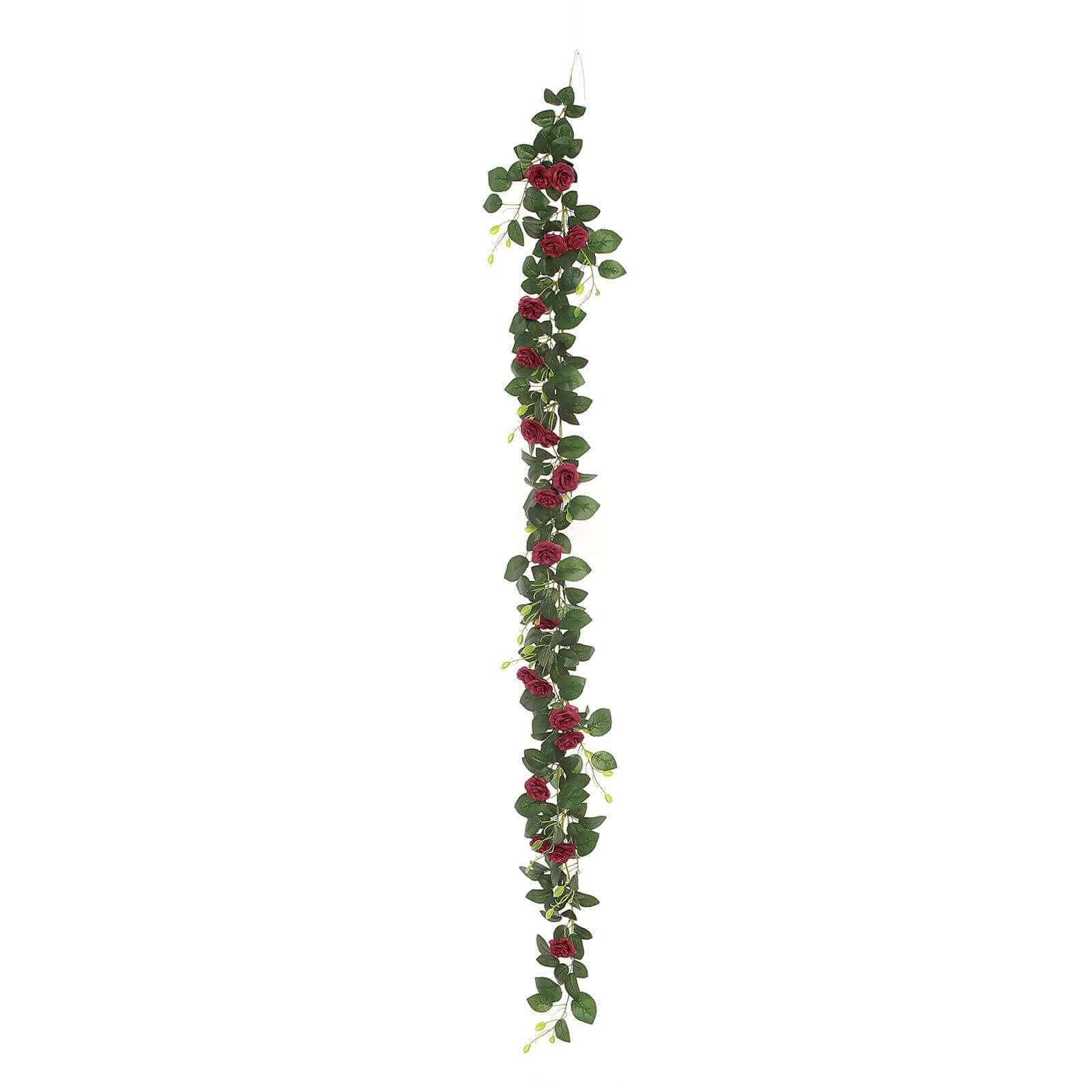 20 Burgundy Artificial Silk Roses Flower Garland, Hanging Vine 6ft