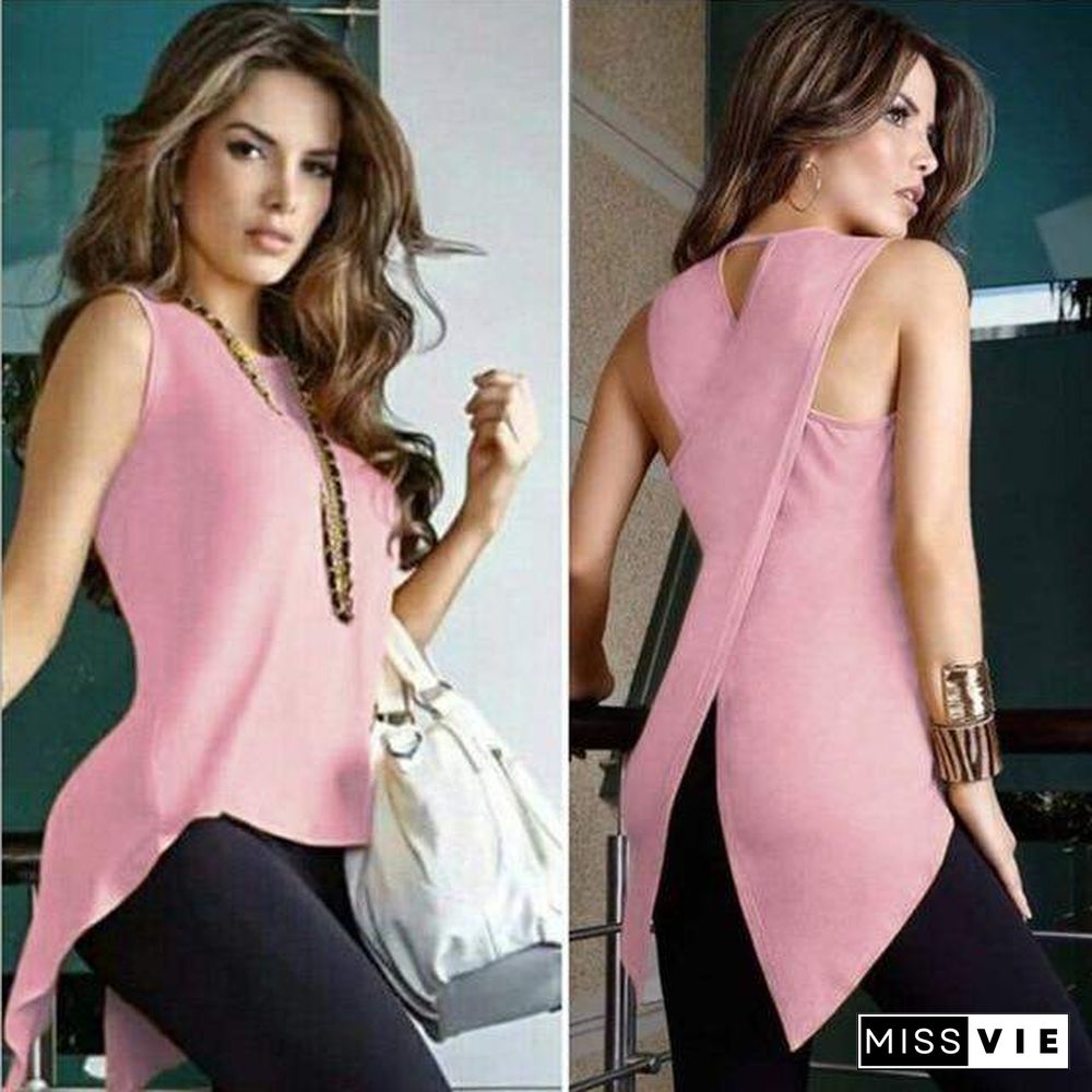 Women Sexy Sleeveless O Neck Tops Casual Slim Fit Irregular Patchwork Solid Blouse Plus Size