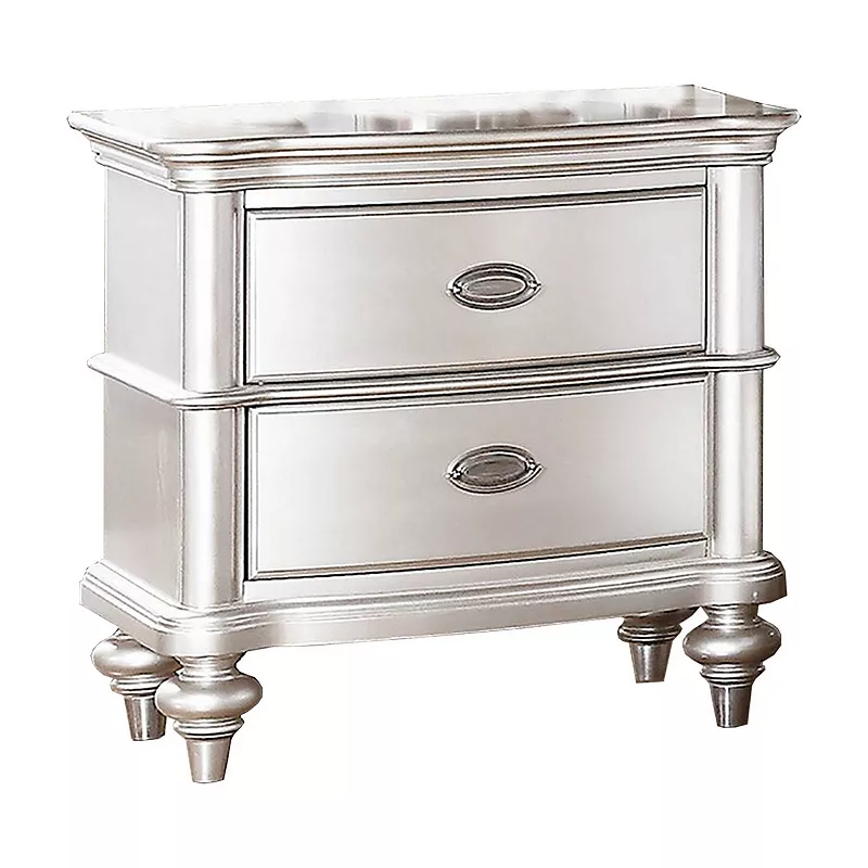 28 Inches 2 Drawer Wooden Nightstand with Turned Legs， Silver