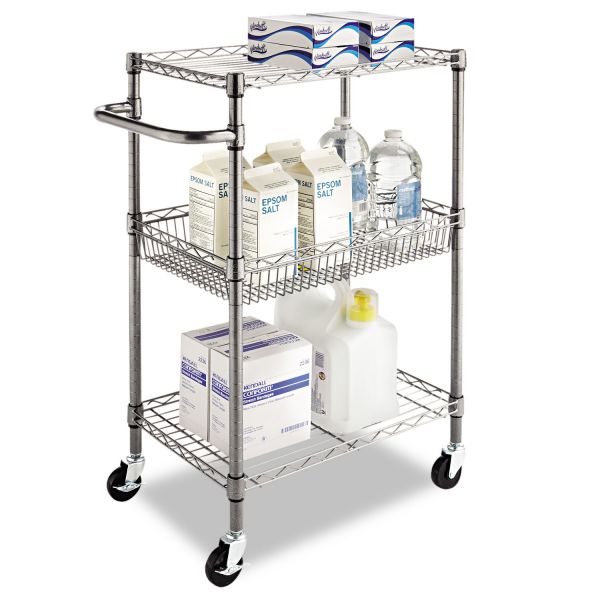 Alera Three-Tier Wire Cart with Basket， Metal， 2 Shelves， 1 Bin， 500 lb Capacity， 28