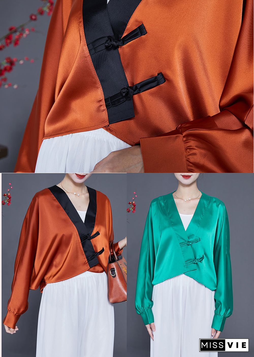 Art Caramel Oversized Patchwork Chinese Button Silk Shirt Spring