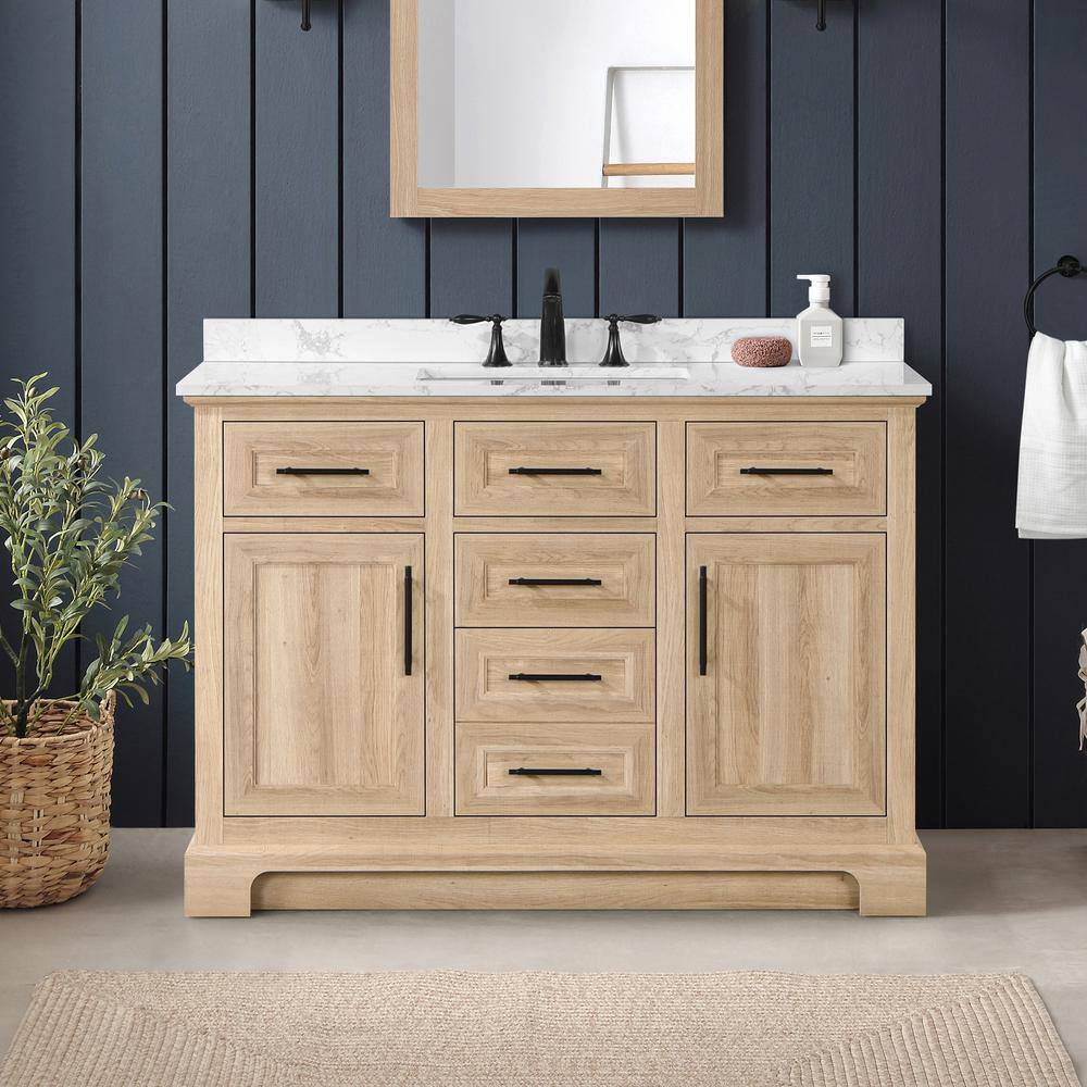 Home Decorators Collection Doveton 48 in. W x 19 in. D x 34.50 in. H Freestanding Vanity in Weathered Tan with White Engineered Stone Top Doveton 48WT