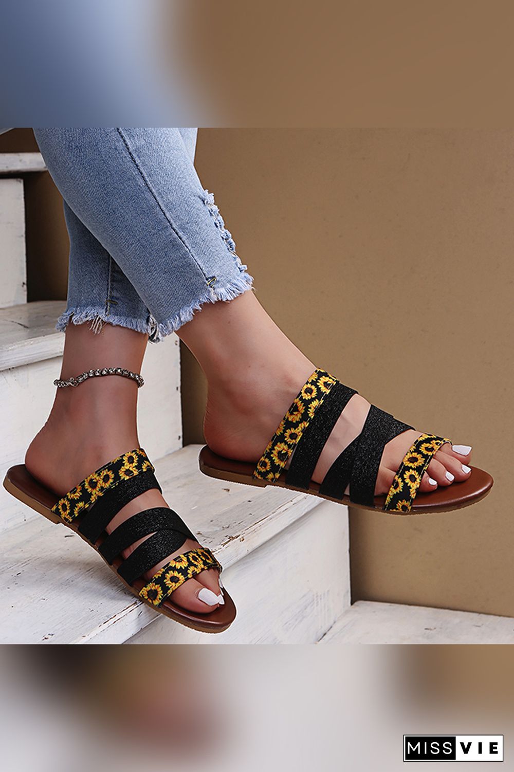 Daisy Print Flat Sandals Wholesale