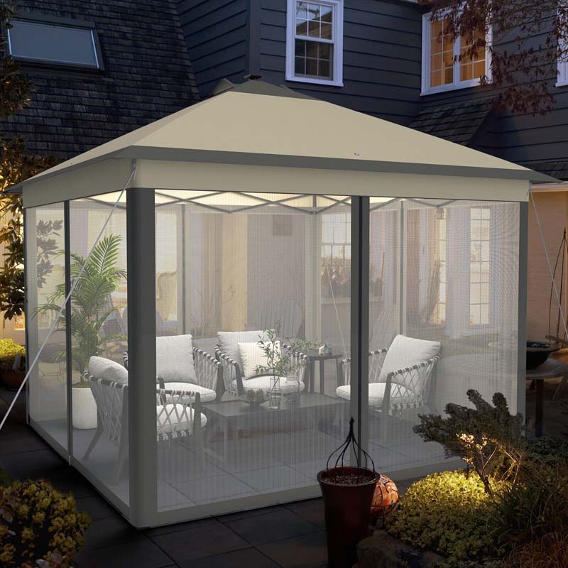 11 x 11 FT Pop-Up Gazebo Tent Portable Canopy Shelter with Carry Bag & Mesh Netting & LED Lights