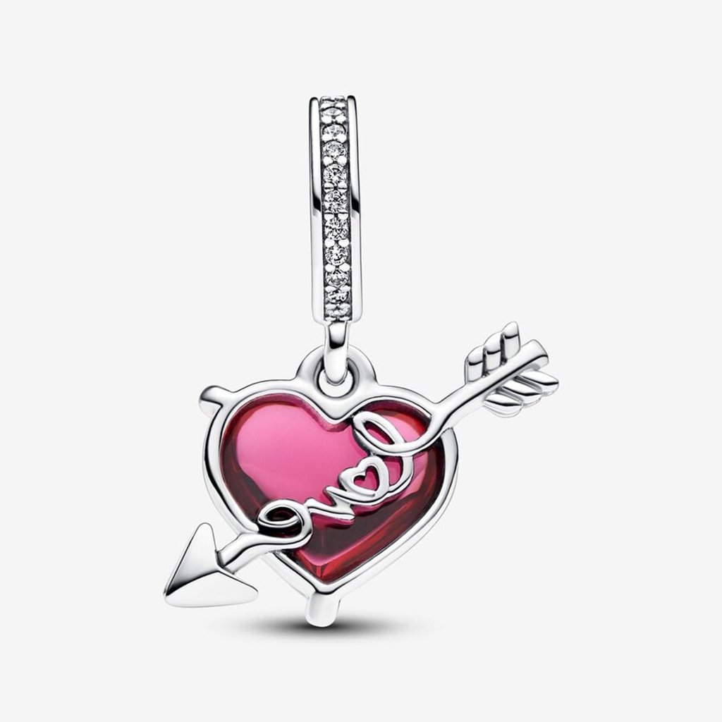 PANDORA  Red Heart & Arrow Murano Glass Dangle Charm in Sterling Silver