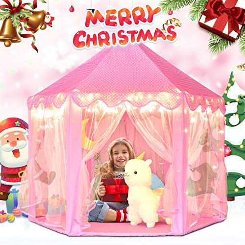 wilwolfer Princess Castle Play Tent for Girls Large Kids Play Tents Hexagon Playhouse with Star Lights Toys for Children Indoor Games (Pink)