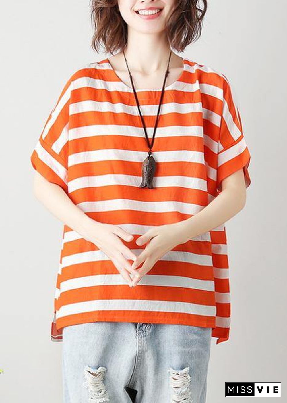 Natural orange striped cotton blouses for women o neck Batwing Sleeve Art top