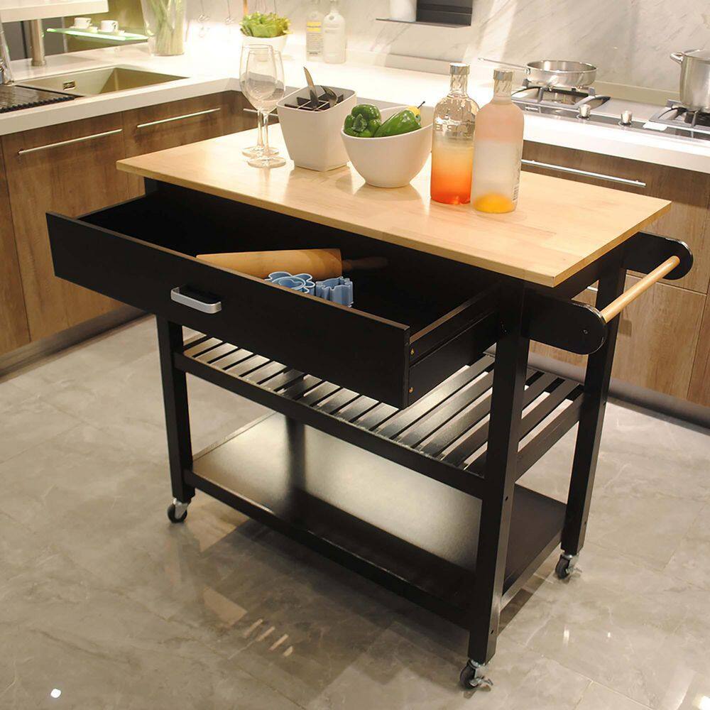 Whatseaso Natural and Black MDF Kitchen Island SEP-110513248