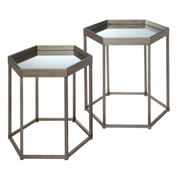 Side Table with Mirror Top and Metal Frame， Set of 2， Gray