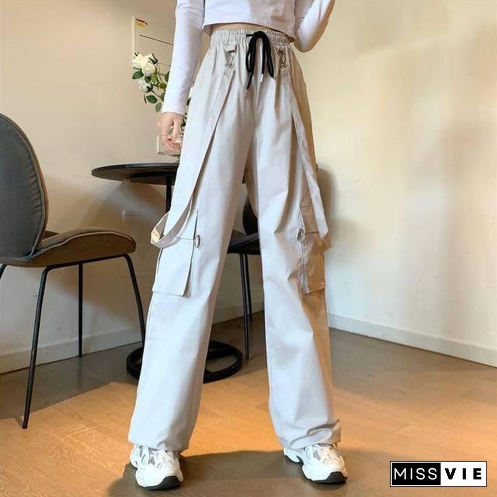 Women Fashion Harajuku Cargo Pants Black Detachable Strap Trousers Female Elastic Waist Streetwear Pants Plus Zise Casual Pants