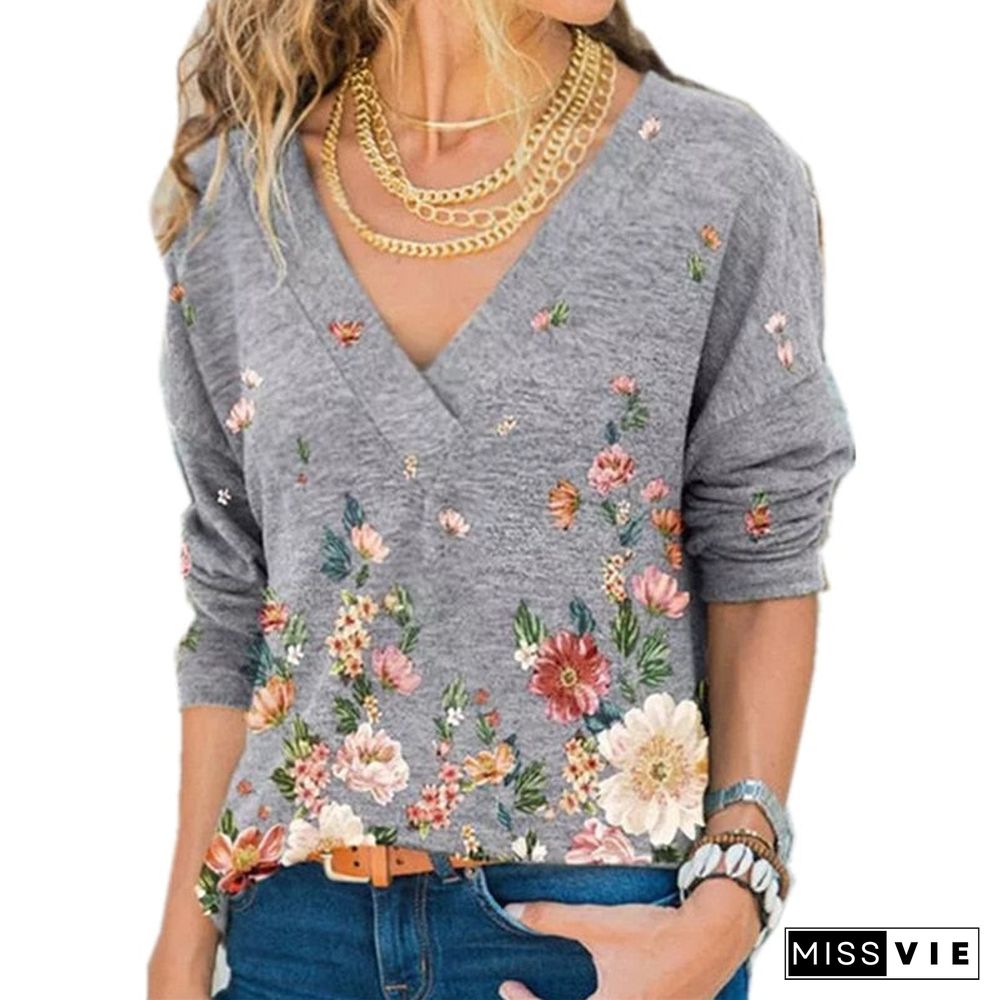 Snake Yx Women'S Clothing Autumn And Winter New Fashion Women'S V-Neck Flower Print Long-Sleeved Casual Loose T-Shirt Plus Size